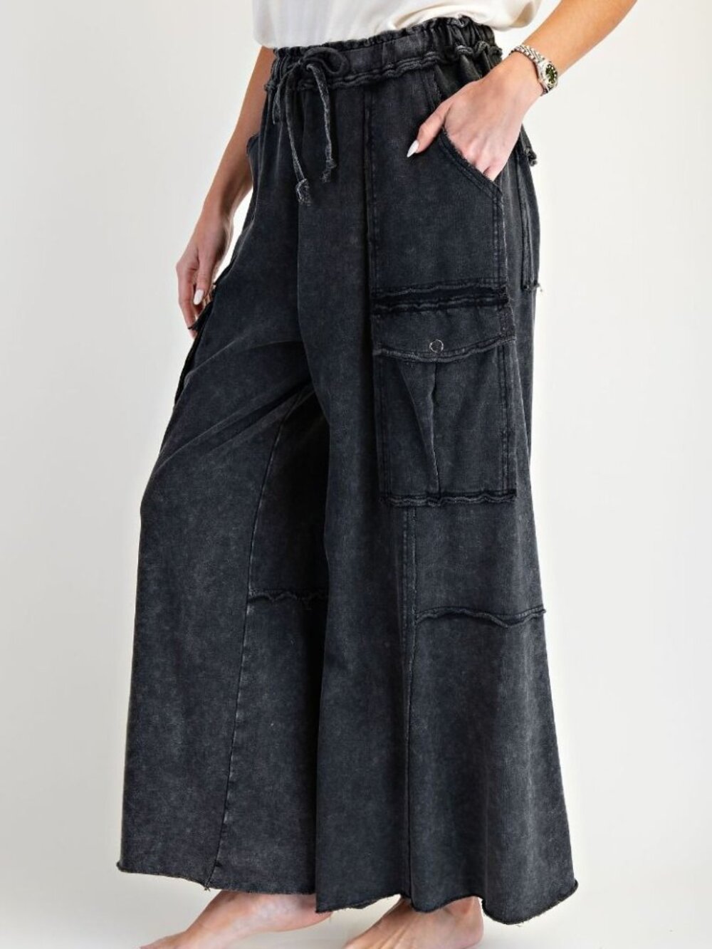 WASHED WIDE LEGS TERRY CARGO PANTS